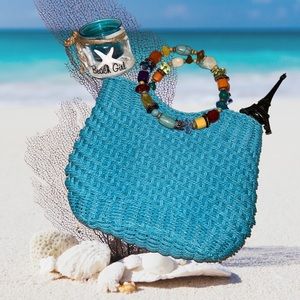 7. Cappelli Straworld ~Turquoise Straw Blue Purse~ Beaded Handles Handbag